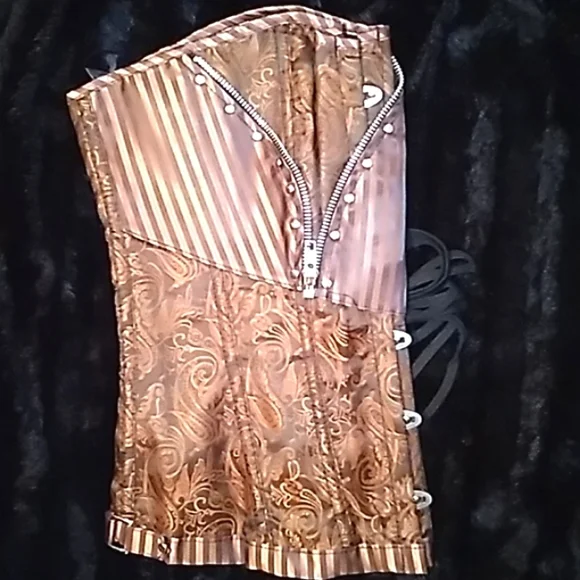 Steampunk Retro Brocade Victorian striped Corset Golden Brown - Picture 12 of 16